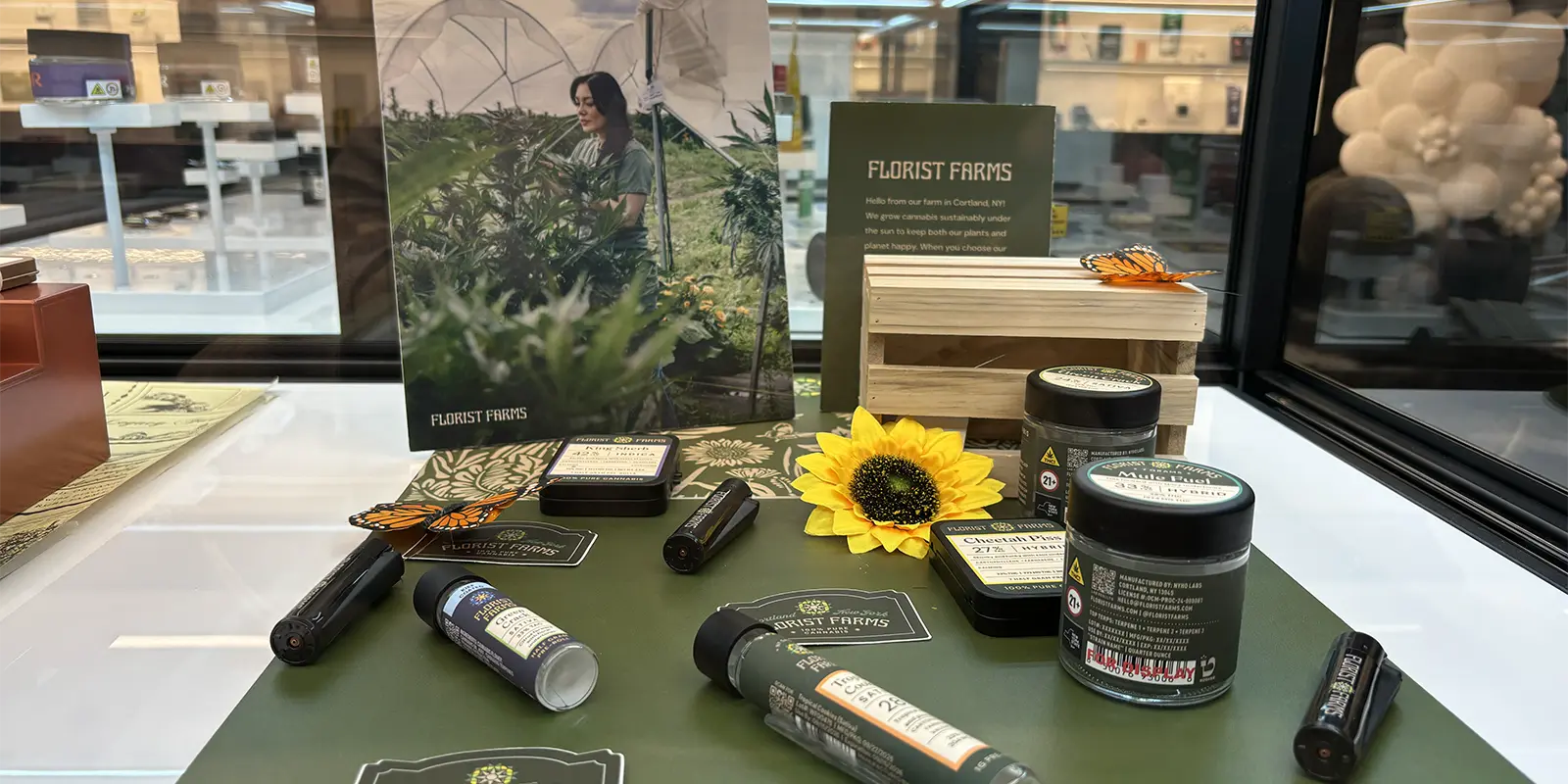 A product display including weed products from Florist Farms 