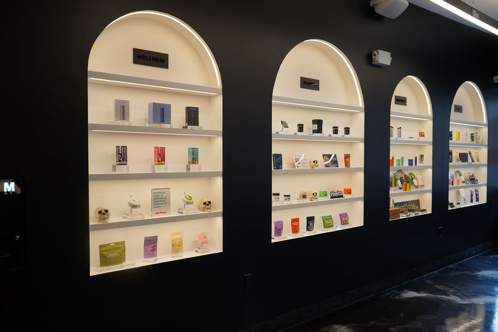 Display shelves at Chrome Flwrs dispensary in Greenpoint, Brooklyn