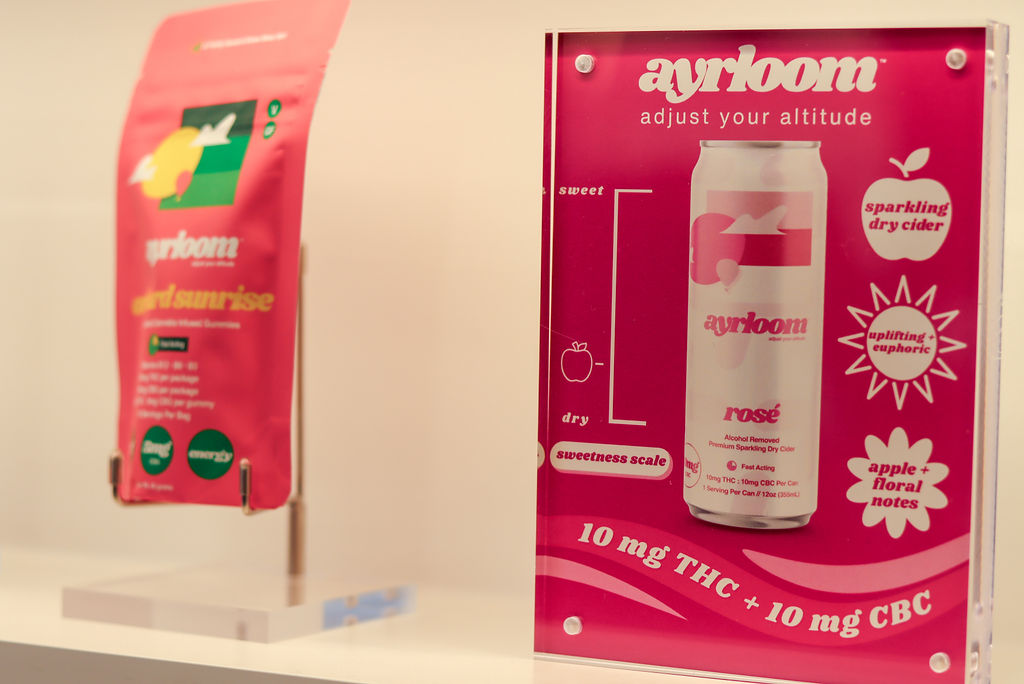 Ayrloom cannabis drink products on display at a cannabis shop